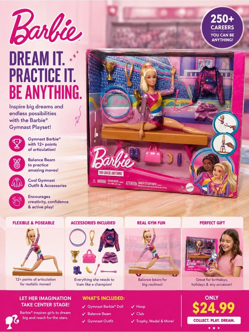 Barbie Gymnast Playset with Bright Pink Outfit & Gold Accents brand new
